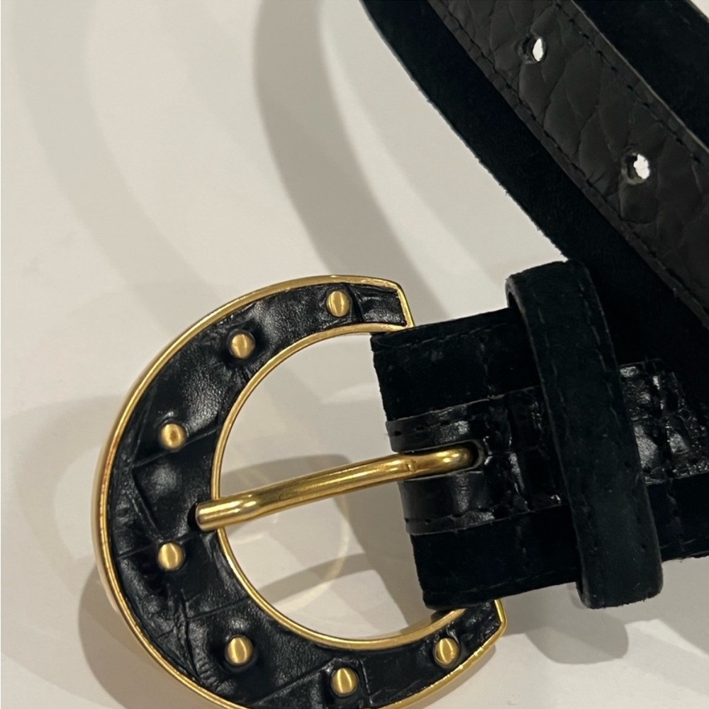 Vintage Carlisle Black Croc on Suede Belt Gold Ornamental Buckle Large And M - Picture 2 of 9